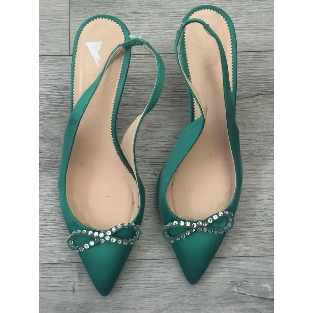 J. Crew Colette Jungle Green Slingback Pumps with Bow - Size 9